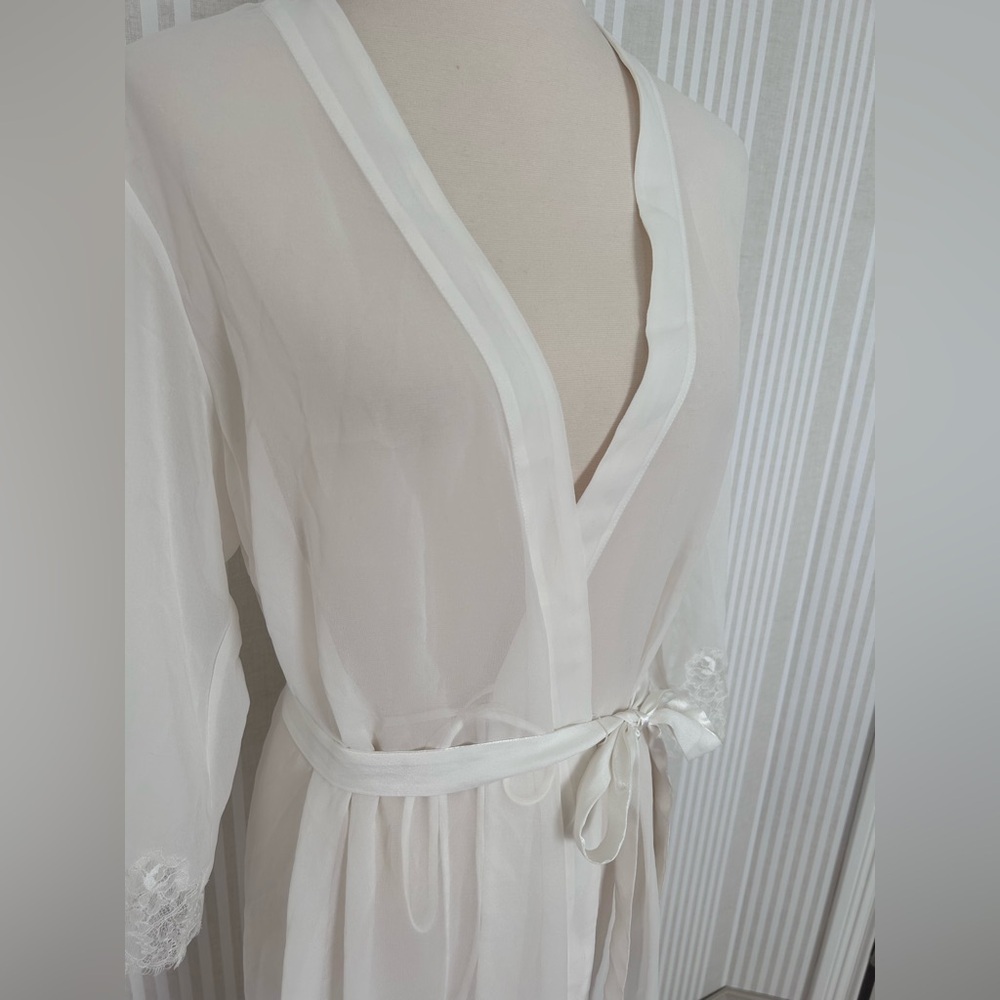 Oscar de la Renta Pink Label Robe Ivory Mesh Lace Sleeve Women’s Size Small - Picture 4 of 11